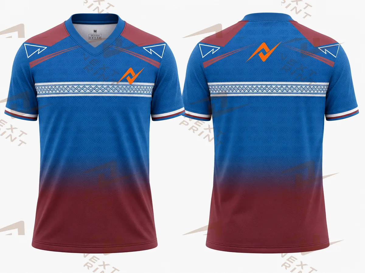 Full Title: Blue & Burgundy Geometric V-Neck Sports Jersey Design with Orange Logo and Tribal Pattern Accents