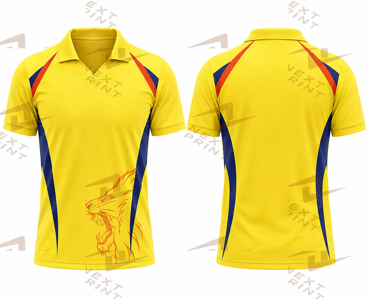 chennai yellow colour fan jersey polo collar v  neck half sleeve name and  number print