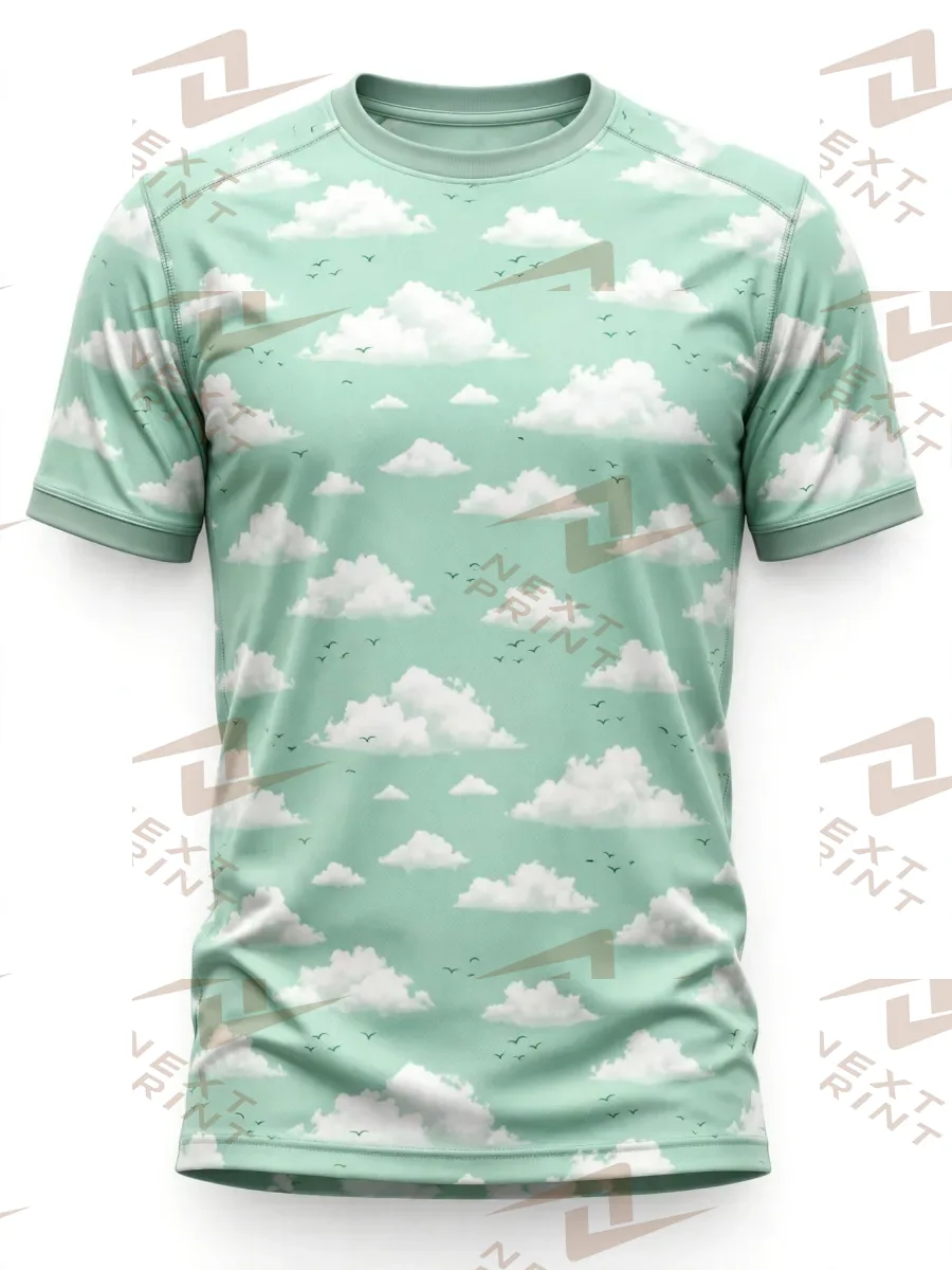 Sky Theme Mint Cloud Bird Elite Edition - Light Mint Green Base With White Cloud Puff And Small Bird Silhouette Pattern Sky Theme Round Neck Premium Sports Jersey