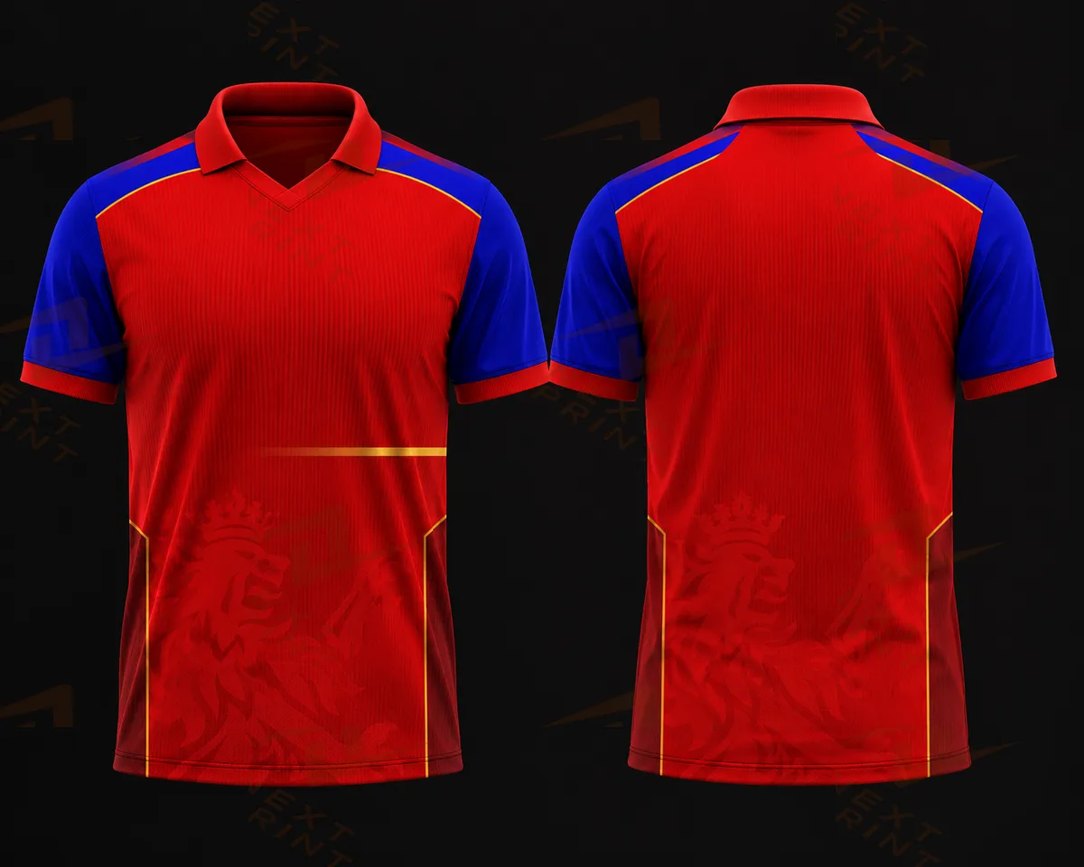 bangalore  blue red colour fan jersey polo collar v  neck half sleeve name and  number print
